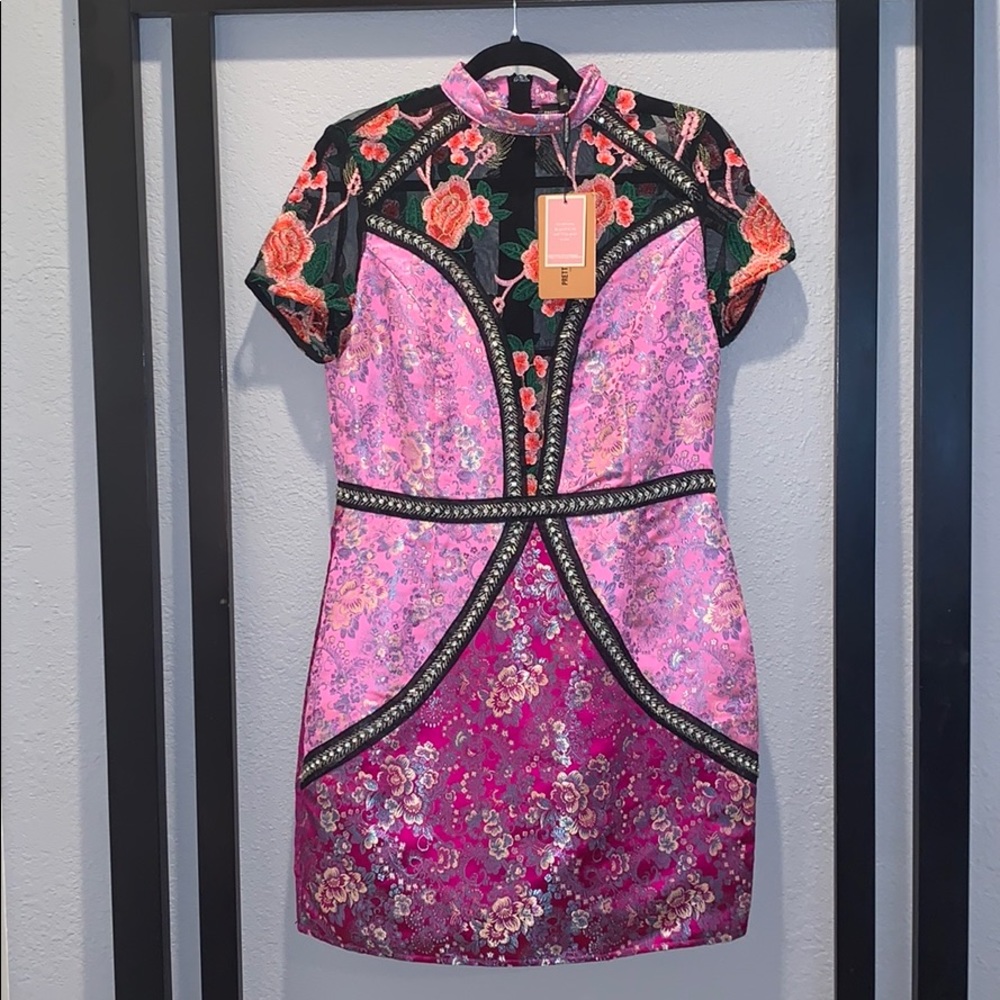 PLLT Pink embroidered bodycon dress